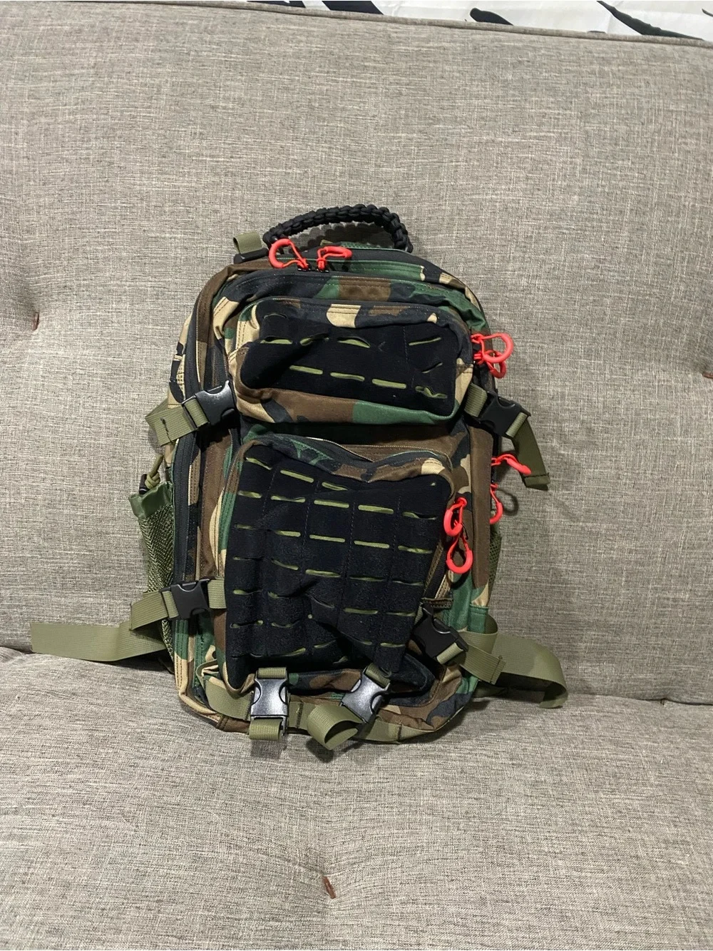 Tactical Camo Men's Backpack with Black MOLLE Panels - Olive Accents